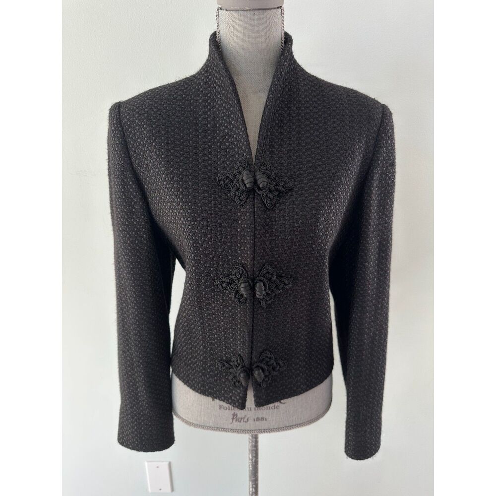 Vintage Asian Style Frog Closure Textured Tweed Jacket Black Mandarin Collar XL - Picture 8 of 8